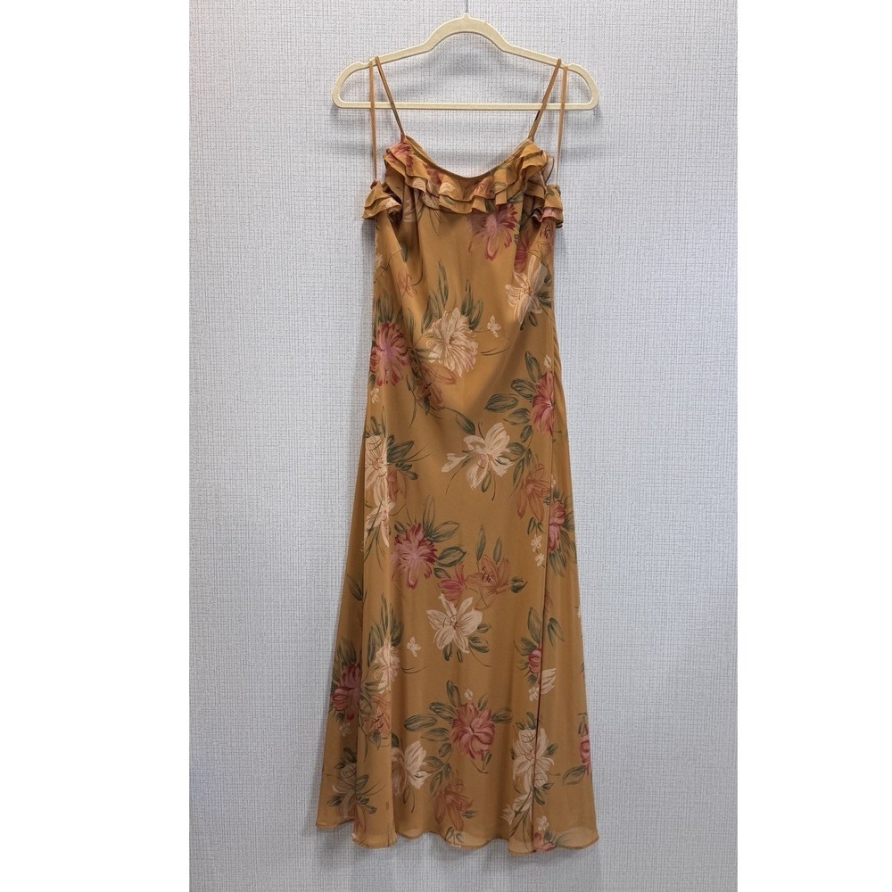 Jillian Jones Floral Ruffle Midi Dress Women 8 Mustard Yellow Boho Cottagecore